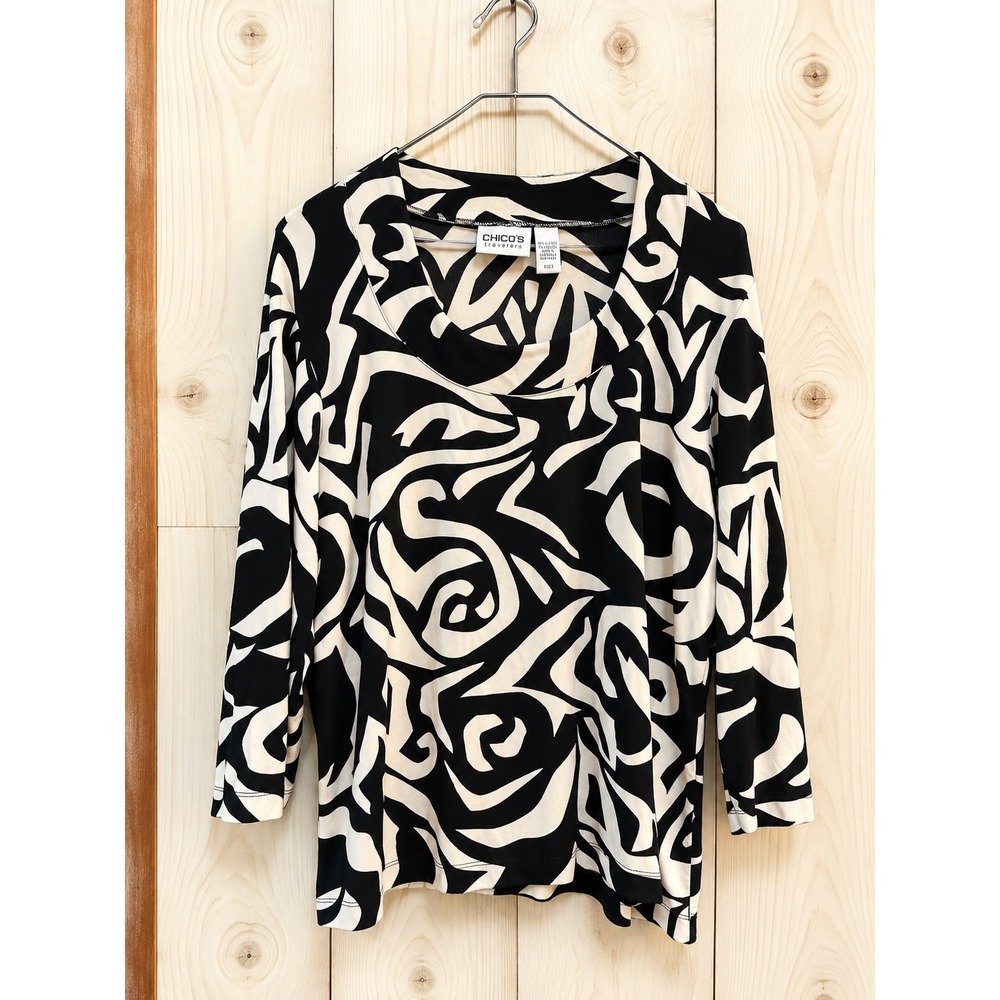 Chicos Travelers Women Size 3 x Large Black Ivory Abstract Swirl 3/4 Sleeve Top